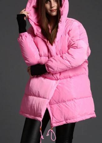 Plus Size Rosa Hette Og Snøring Vinter Duck Down Coat