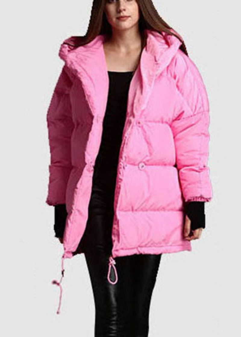 Plus Size Rosa Hette Og Snøring Vinter Duck Down Coat - Dunjakker for kvinner