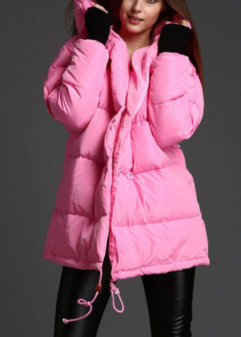 Plus Size Rosa Hette Og Snøring Vinter Duck Down Coat - Dunjakker for kvinner