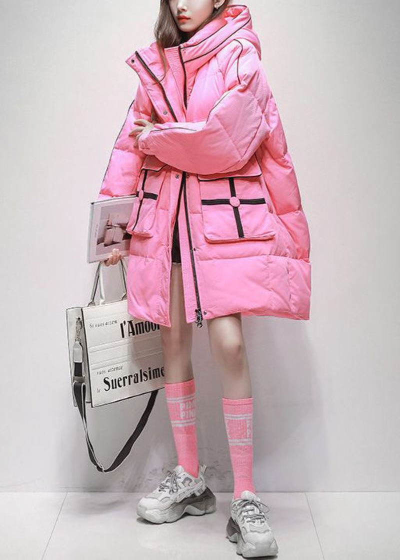 Plus Size Rosa Zip Up Lommer Hette Duck Down Puffer Coat Vinter