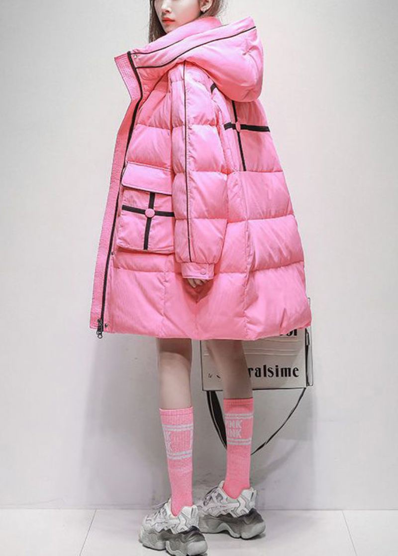 Plus Size Rosa Zip Up Lommer Hette Duck Down Puffer Coat Vinter - Dunjakker for kvinner