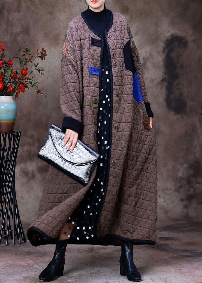 Plus Size Sjokolade O-hals Patchwork Applikasjon Fin Bomullsfylt Witner Coat Langermet