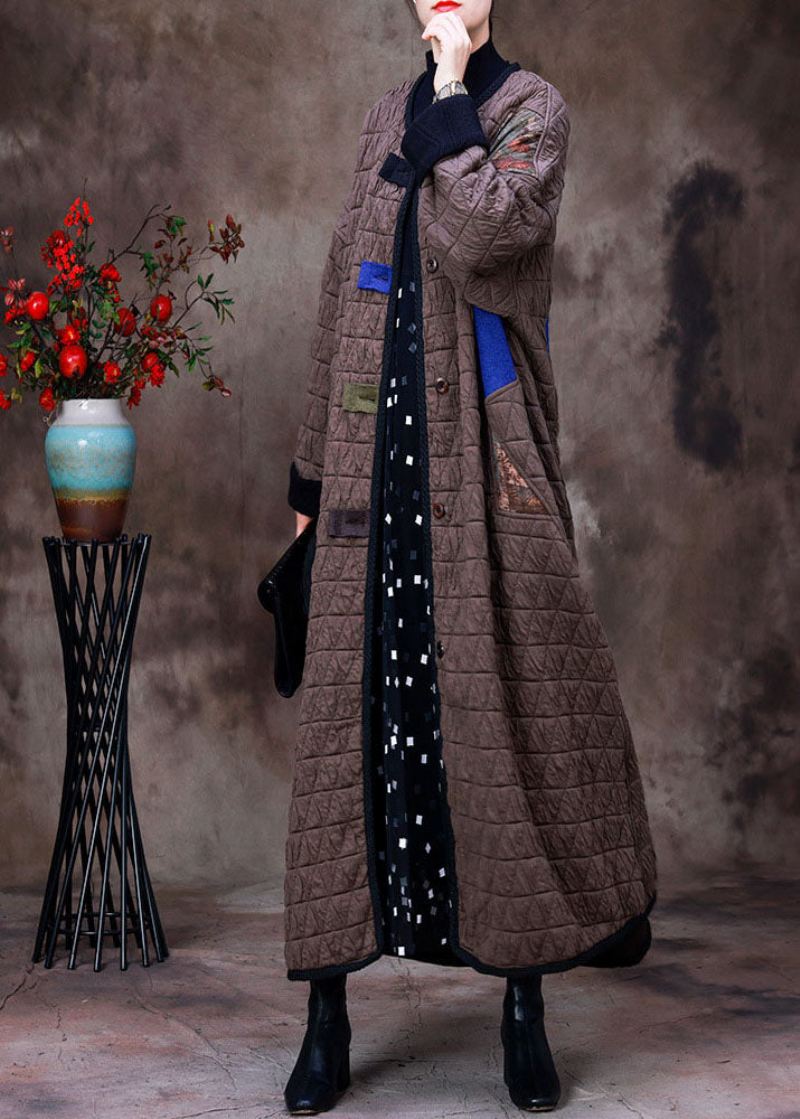 Plus Size Sjokolade O-hals Patchwork Applikasjon Fin Bomullsfylt Witner Coat Langermet - Dunjakker for kvinner