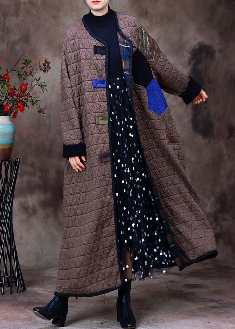 Plus Size Sjokolade O-hals Patchwork Applikasjon Fin Bomullsfylt Witner Coat Langermet - Dunjakker for kvinner