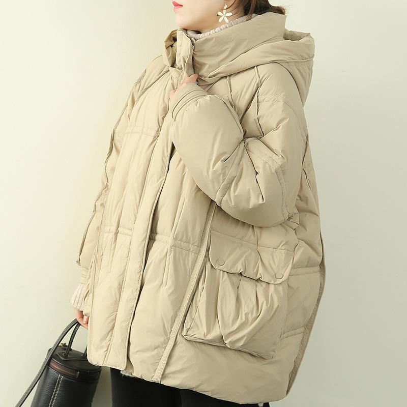 Plus Size Snøjakker Kåper Khaki Hette Patchwork Varm Kåpe