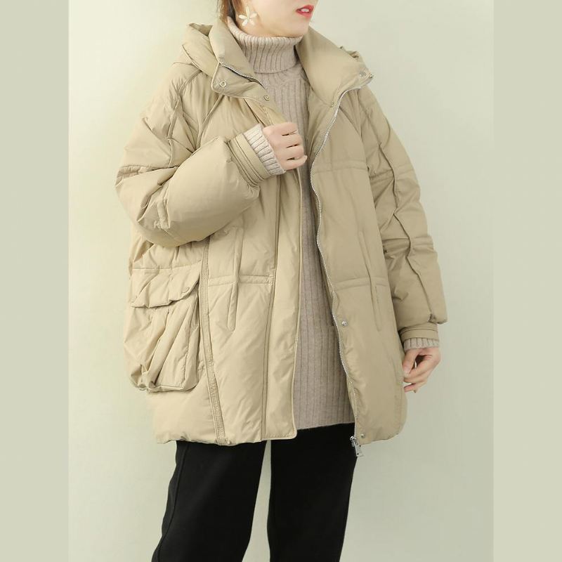 Plus Size Snøjakker Kåper Khaki Hette Patchwork Varm Kåpe - Svart