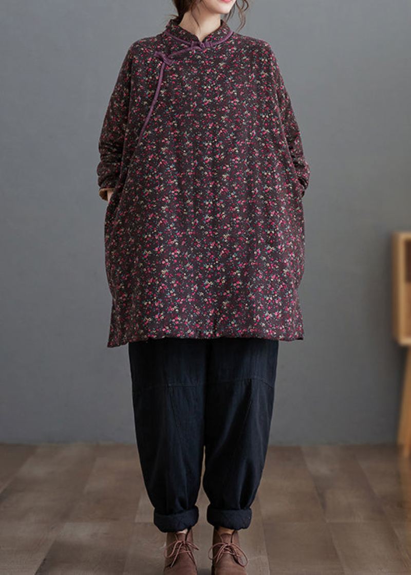 Plus Size Vintage Lilla Print Stativ Krage Fin Bomull Fylt Topp Vinter - Dunjakker for kvinner