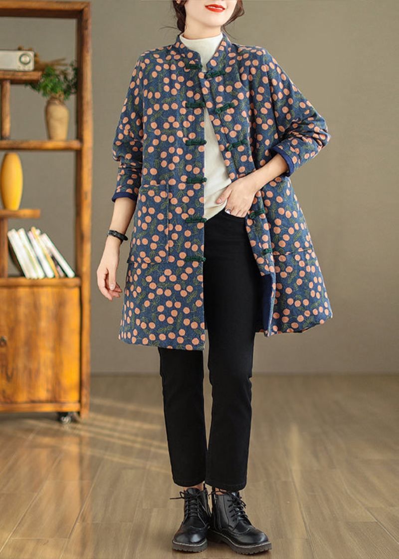 Plus Size Vintage Print Lommer Kinesisk Button Fin Bomull Fylt Frakk Vinter - Dunjakker for kvinner