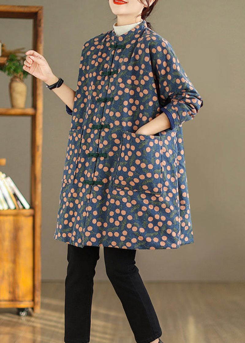 Plus Size Vintage Print Lommer Kinesisk Button Fin Bomull Fylt Frakk Vinter - Dunjakker for kvinner