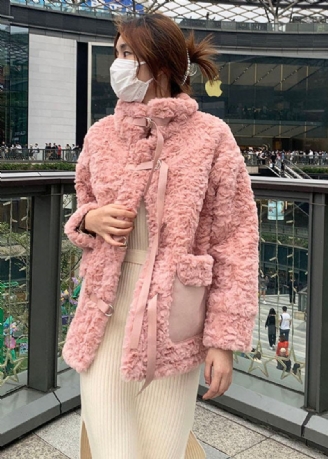 Rosa Stand Krage Slips Faux Fur Coat Vinter