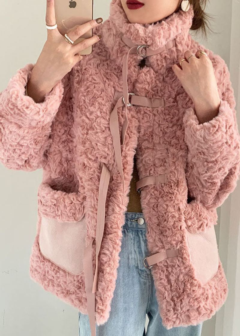 Rosa Stand Krage Slips Faux Fur Coat Vinter - Grønn