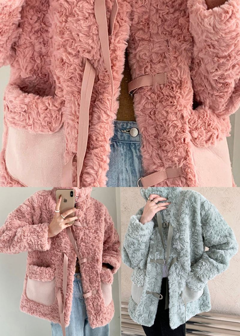 Rosa Stand Krage Slips Faux Fur Coat Vinter - Grønn