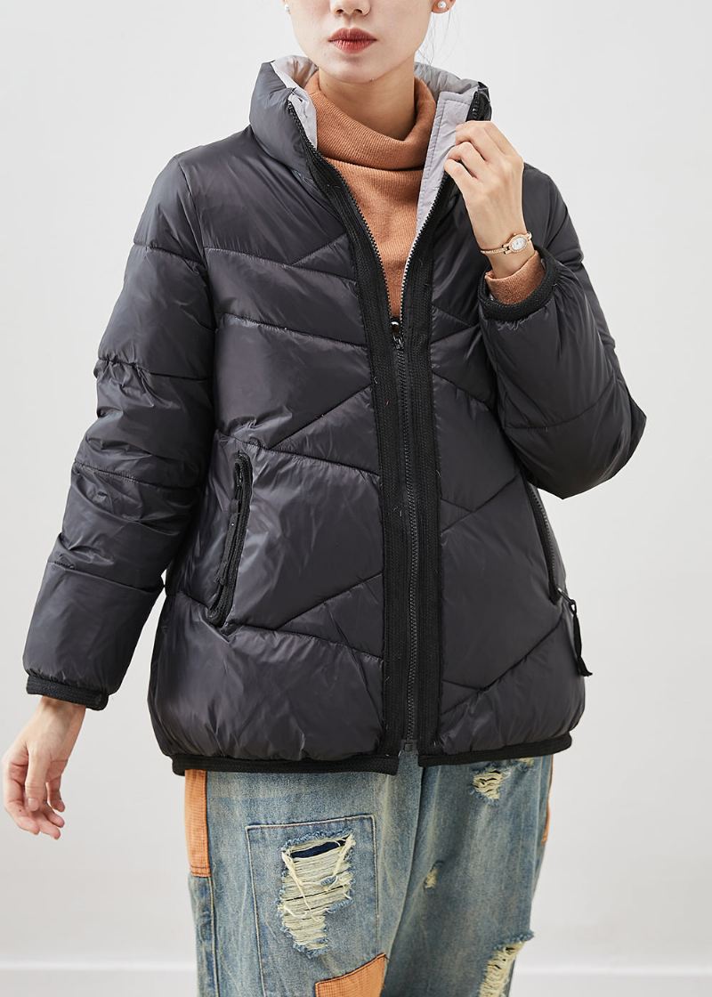 Simple Black Zip Up Duck Down Dunfrakker Vinter - Dunjakker for kvinner