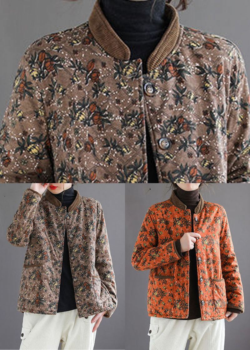 Sjokolade Print Varm Fleece Puffers Jakker Stand Krage Vinter - Kaffe