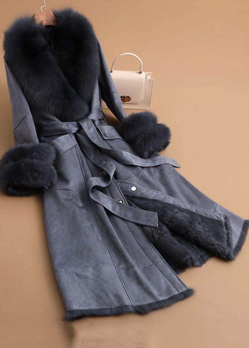 Slim Fit Denim Blue Fox Krage Sashes Lommer Lær Og Pels Parkas Vinter