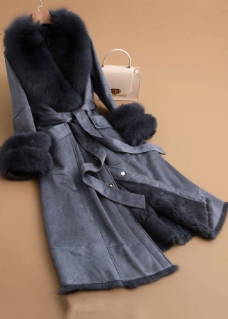 Slim Fit Denim Blue Fox Krage Sashes Lommer Lær Og Pels Parkas Vinter