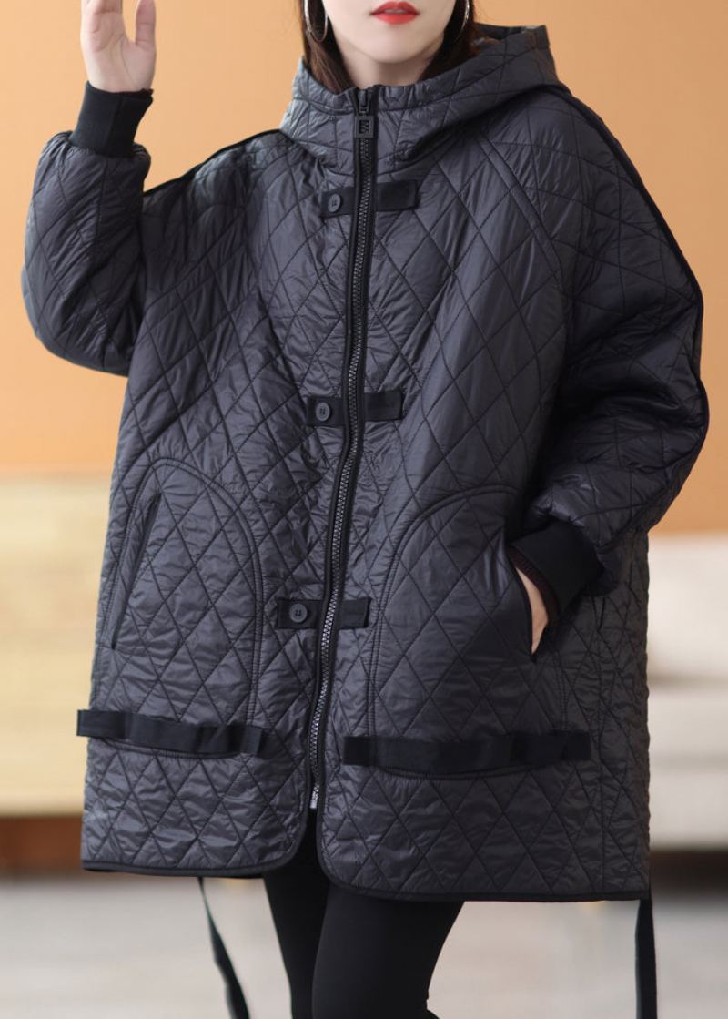 Sort Solid Patchwork Tykk Parka Zip Up Langermet - Dunjakker for kvinner