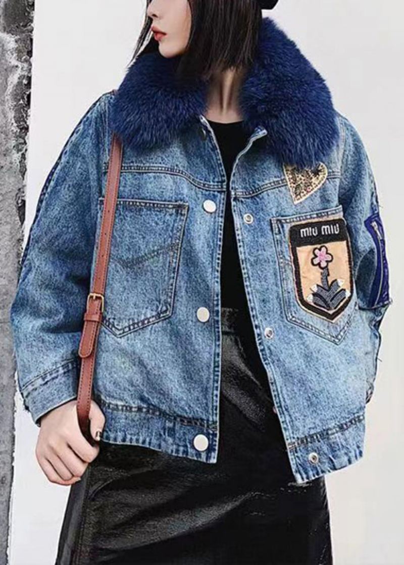 Stil Blå Peter Pan Krage Denim Patchwork Fine Bomullsfylte Jakker Vinter