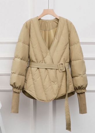 Stilig Khaki V Neck Sashes Duck Down Cinch Coat Vinter