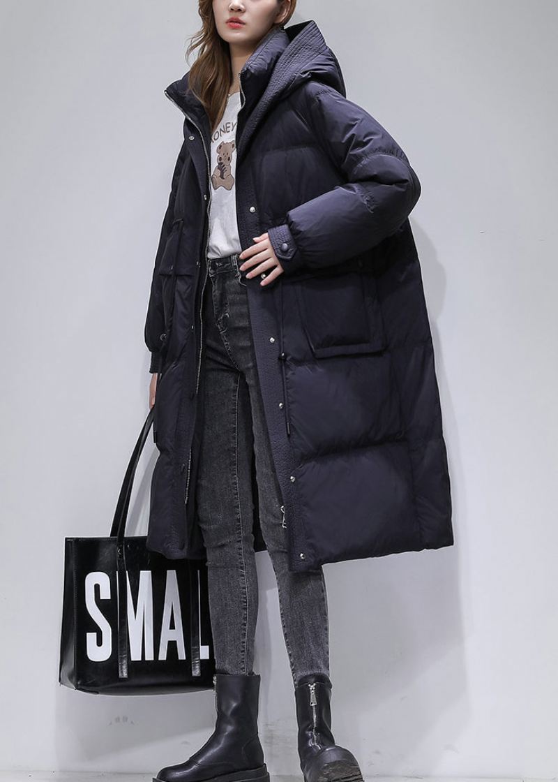 Svarte Lommer Duck Down Coat Zip Up Snøring Vinter