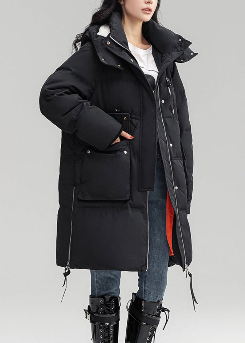 Svarte Lommer Patchwork Duck Down Coat Zip Up Langermet