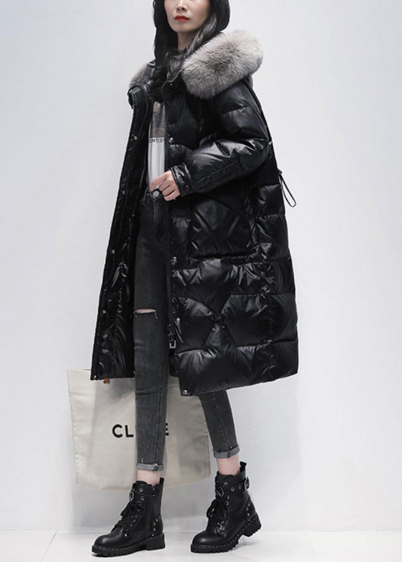 Svarte Lommer Patchwork Duck Down Hooded Coat Zip Up Winter