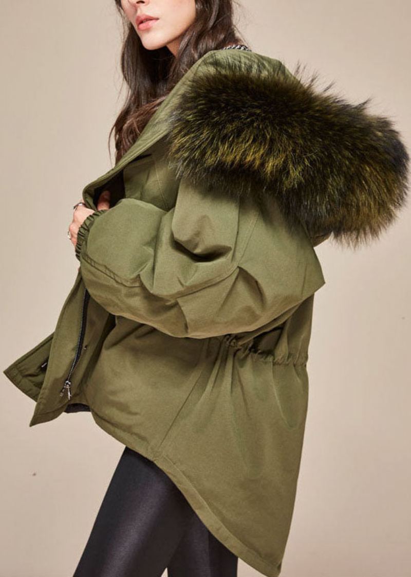 Trendy Army Green Hette Pelskrage Snøring Winter Duck Down Kåpe