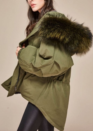 Trendy Army Green Hette Pelskrage Snøring Winter Duck Down Kåpe