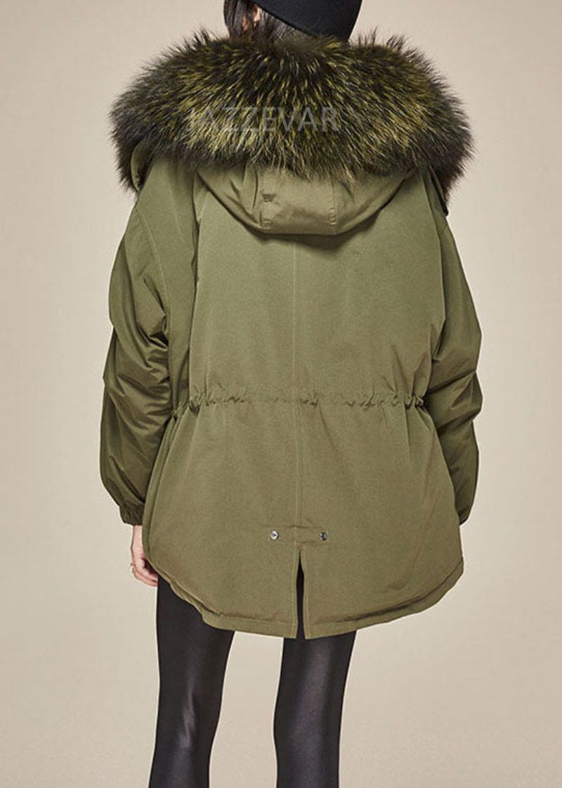 Trendy Army Green Hette Pelskrage Snøring Winter Duck Down Kåpe - Army Grønn