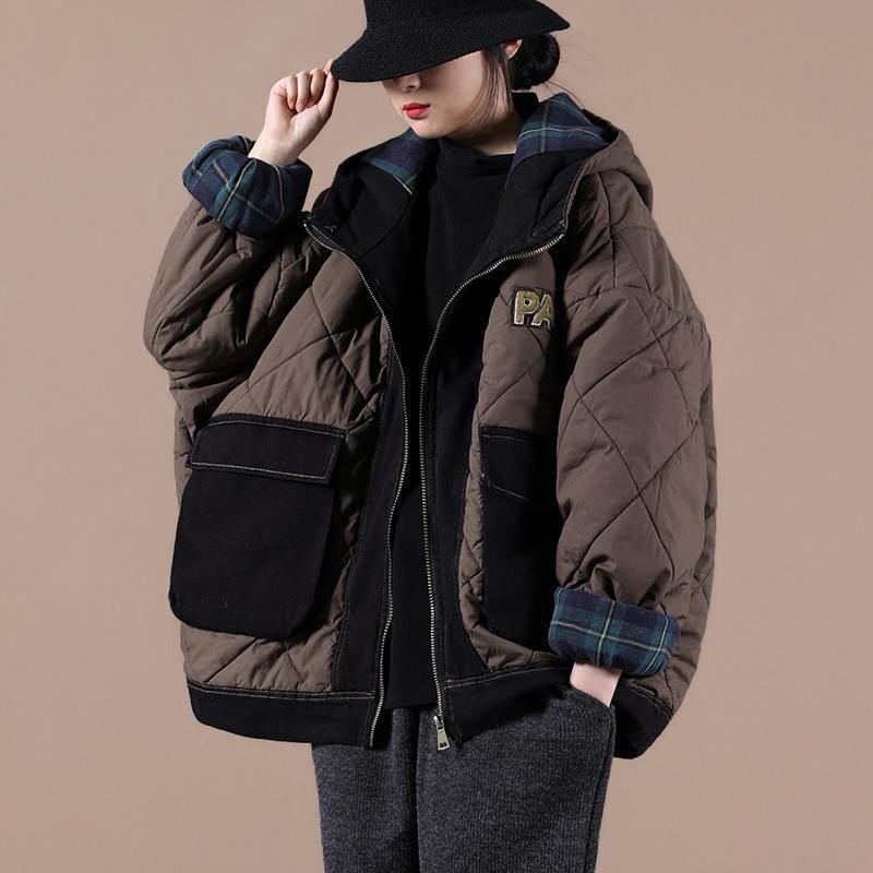 Uformell Oversize Varm Vinterfrakk Sjokolade Hette Patchwork Rutete Parkas For Kvinner