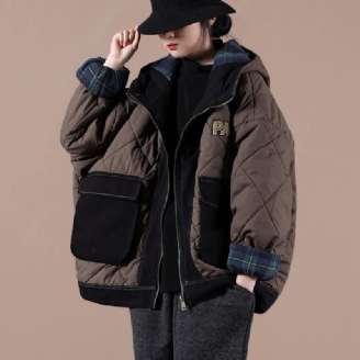 Uformell Oversize Varm Vinterfrakk Sjokolade Hette Patchwork Rutete Parkas For Kvinner