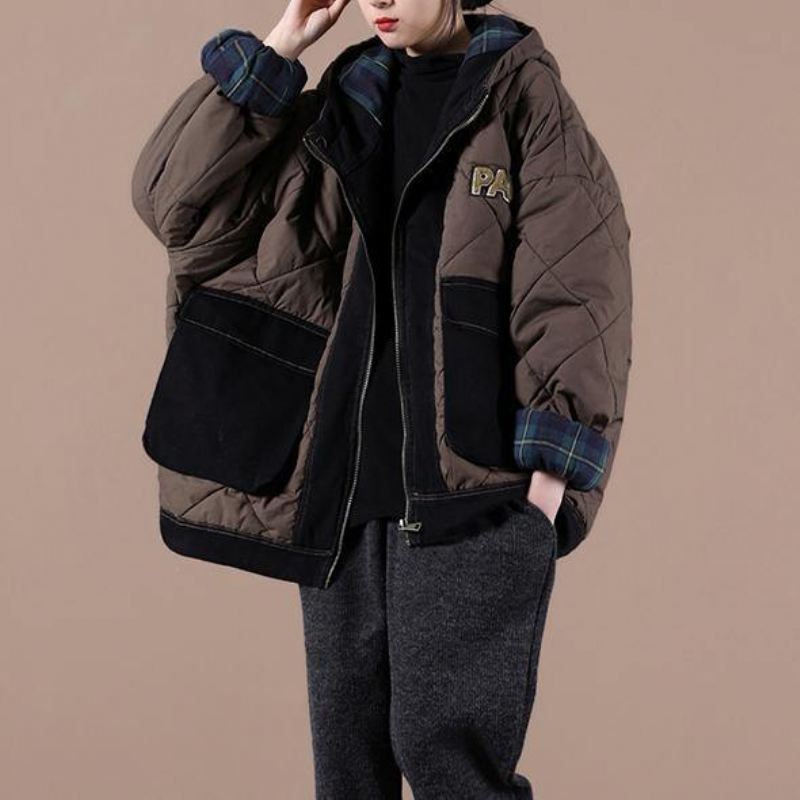 Uformell Oversize Varm Vinterfrakk Sjokolade Hette Patchwork Rutete Parkas For Kvinner - Svart