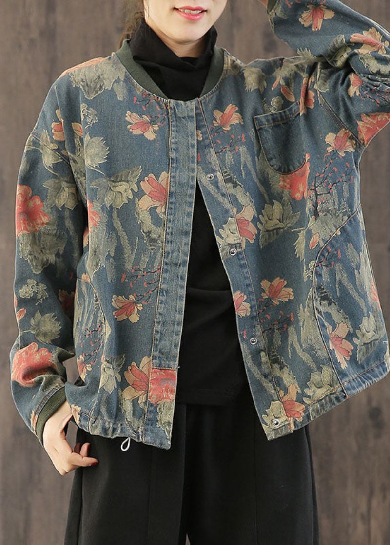 Uformell Retro Print Button Fall Denim Coat