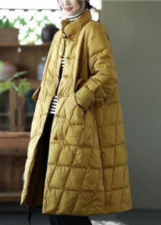 Vakker Gul Stativ Krage Orientalsk Knapp Solid Duck Down Puffer Coat Vinter