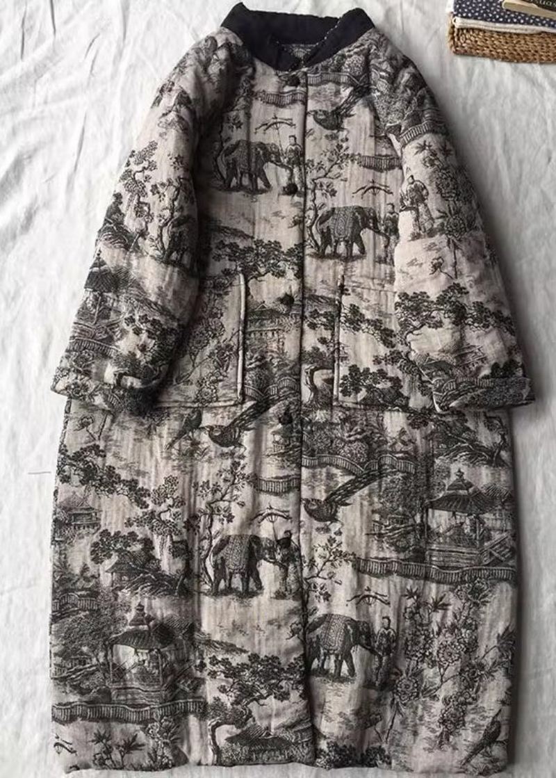 Vintage Aprikos Oversized Print Fin Bomullsfylt Lange Strøk Vinter