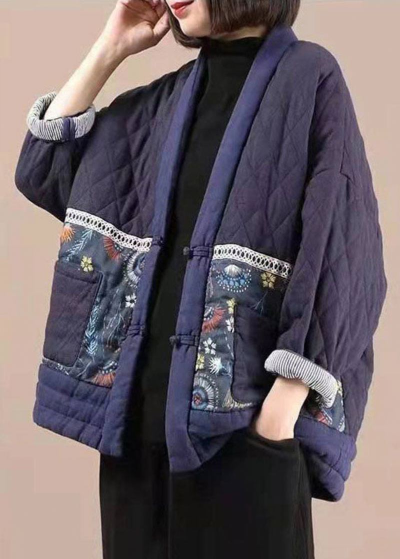 Vintage Lilla V-hals Patchwork Print Fin Bomullsfylt Parkas Vinter