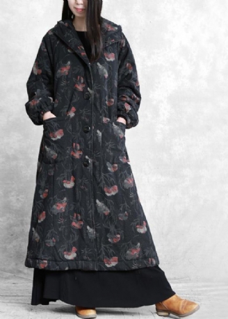 Vintage Oversize Trenchcoat Mørk Grå Print Hette Button Down Woolen Coats