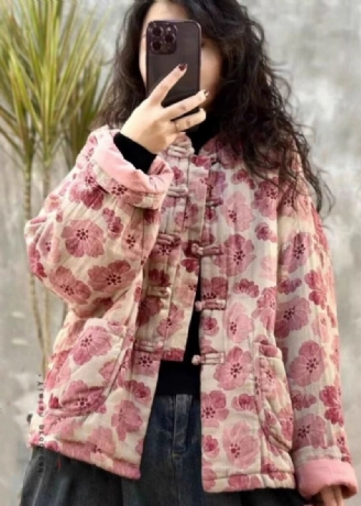 Vintage Rosa Oversized Print Fin Bomullsfylt Parkaer Winter