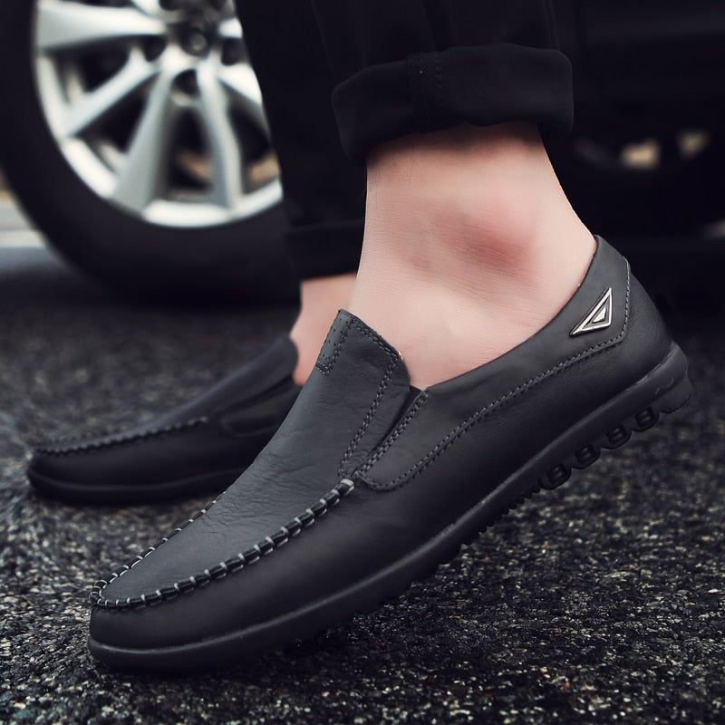 Ekte Skinn Herresko Uformell Luksus Italienske Loafers For Menn Mokkasiner Pustende Slip On Boat Sko - Svart