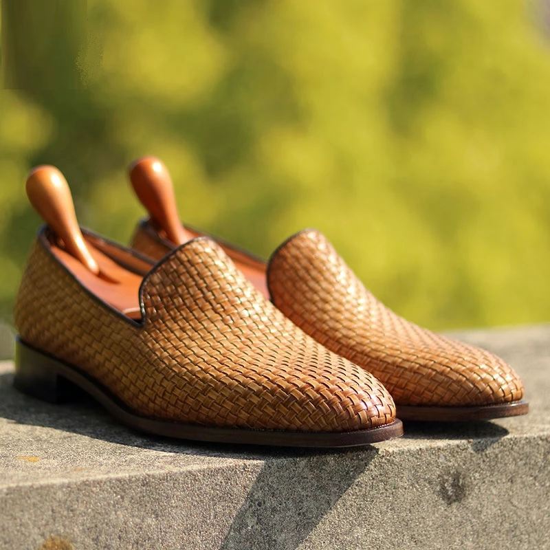 Håndlaget Loafer Vevd Strikket Skinnsåle Sko For Menn Sosial Sko Klassiske Sko Elegant Herre - Brun