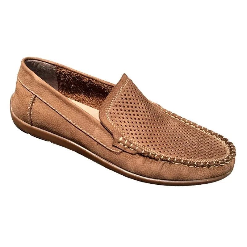 Pustende Hule Loafers I Ekte Skinn Sommer Fottøy For Herre Komfortable Myk Bunn Uformelle Sko Menn Slip-on Flate Sko - Brun