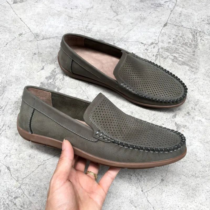 Pustende Hule Loafers I Ekte Skinn Sommer Fottøy For Herre Komfortable Myk Bunn Uformelle Sko Menn Slip-on Flate Sko - Brun