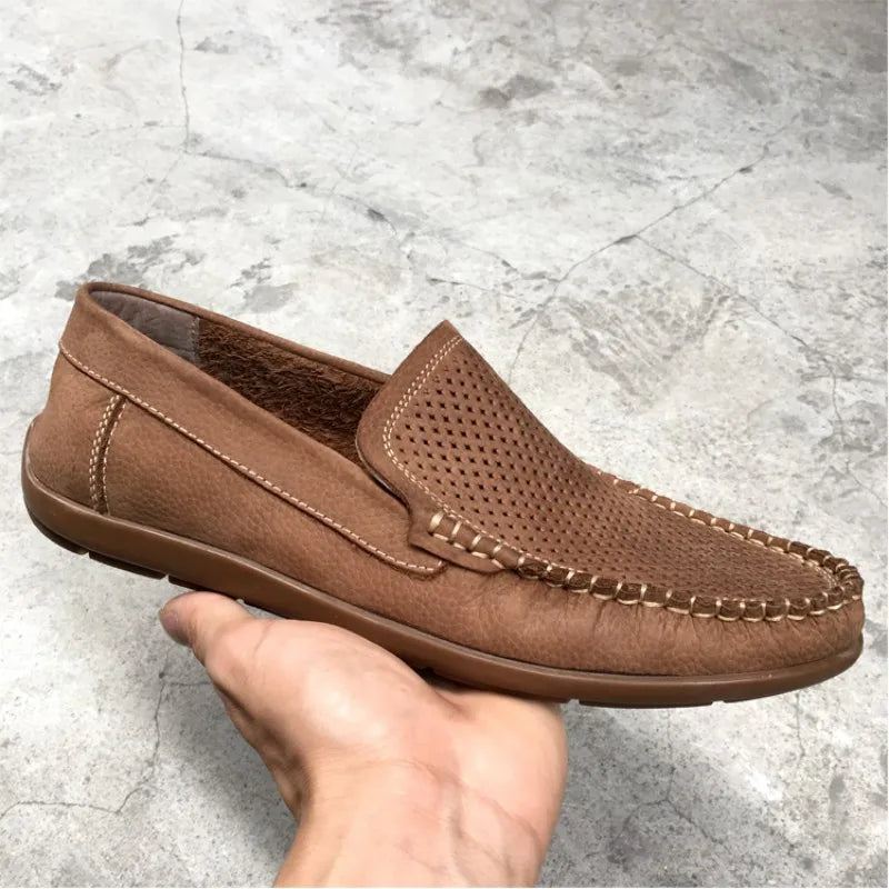 Pustende Hule Loafers I Ekte Skinn Sommer Fottøy For Herre Komfortable Myk Bunn Uformelle Sko Menn Slip-on Flate Sko - Brun