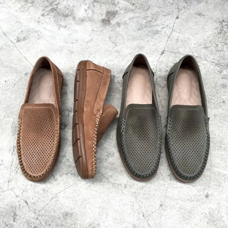 Pustende Hule Loafers I Ekte Skinn Sommer Fottøy For Herre Komfortable Myk Bunn Uformelle Sko Menn Slip-on Flate Sko - Brun