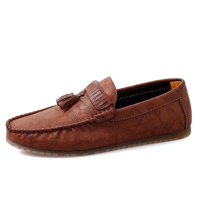 Skinn Herre Loafers Sko Håndlaget Dusk Mann Sko Slip On Flat - Svart