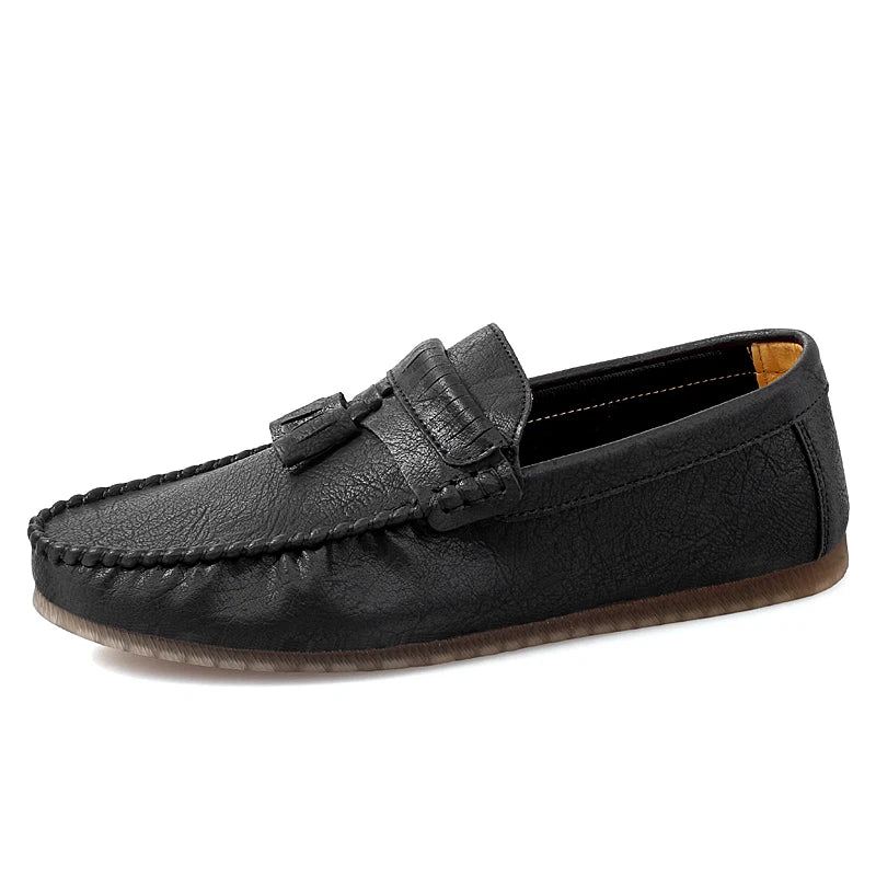 Skinn Herre Loafers Sko Håndlaget Dusk Mann Sko Slip On Flat - Svart