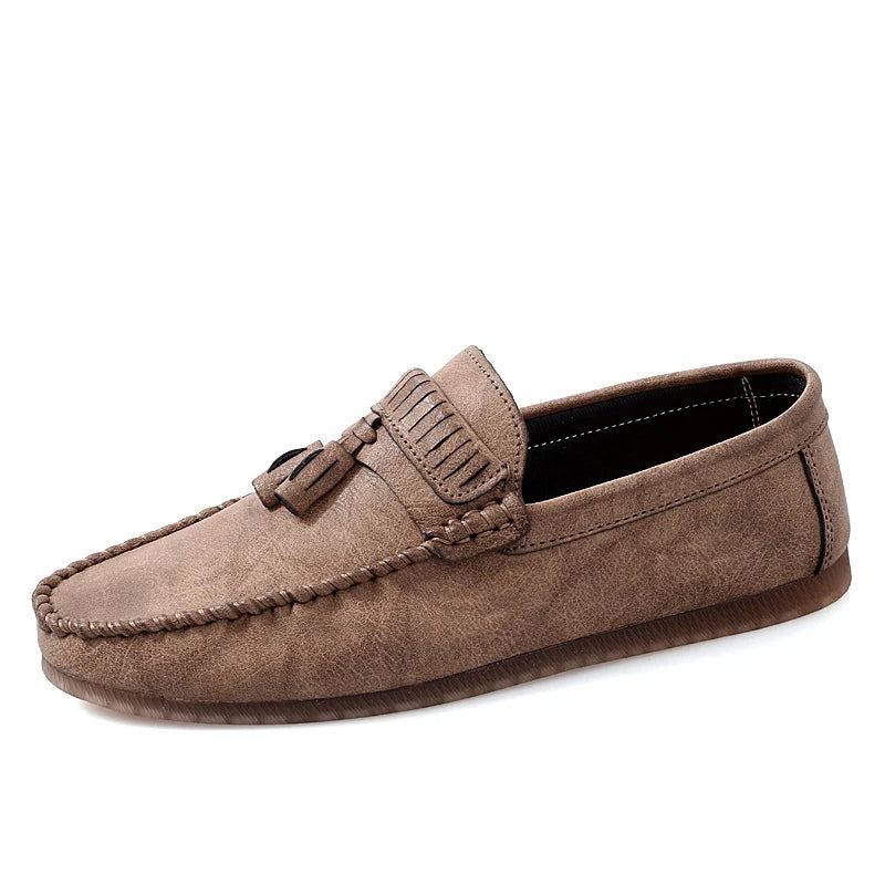 Skinn Herre Loafers Sko Håndlaget Dusk Mann Sko Slip On Flat - Svart