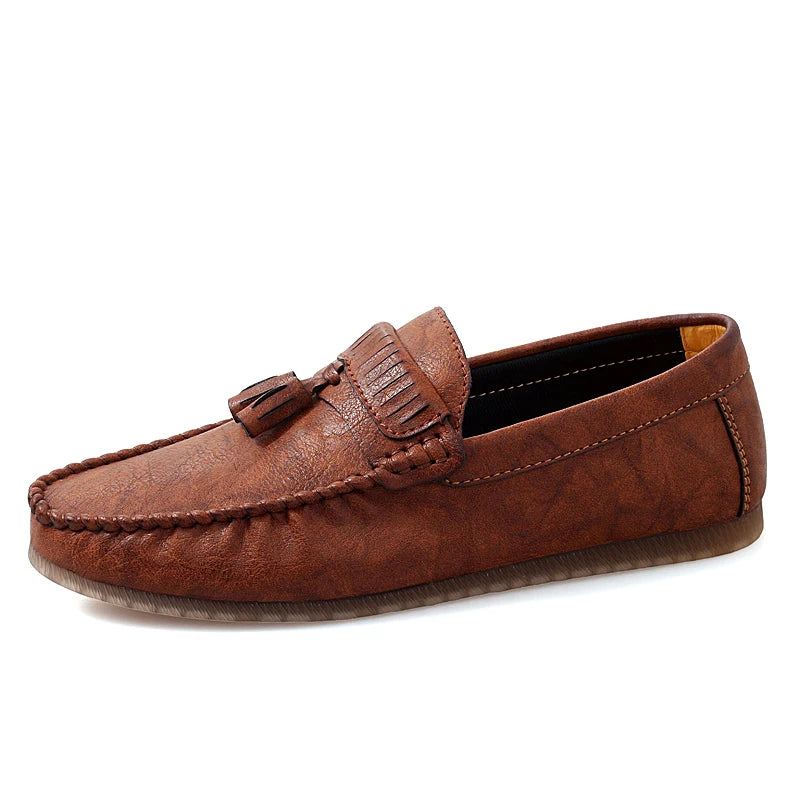 Skinn Herre Loafers Sko Håndlaget Dusk Mann Sko Slip On Flat - Svart