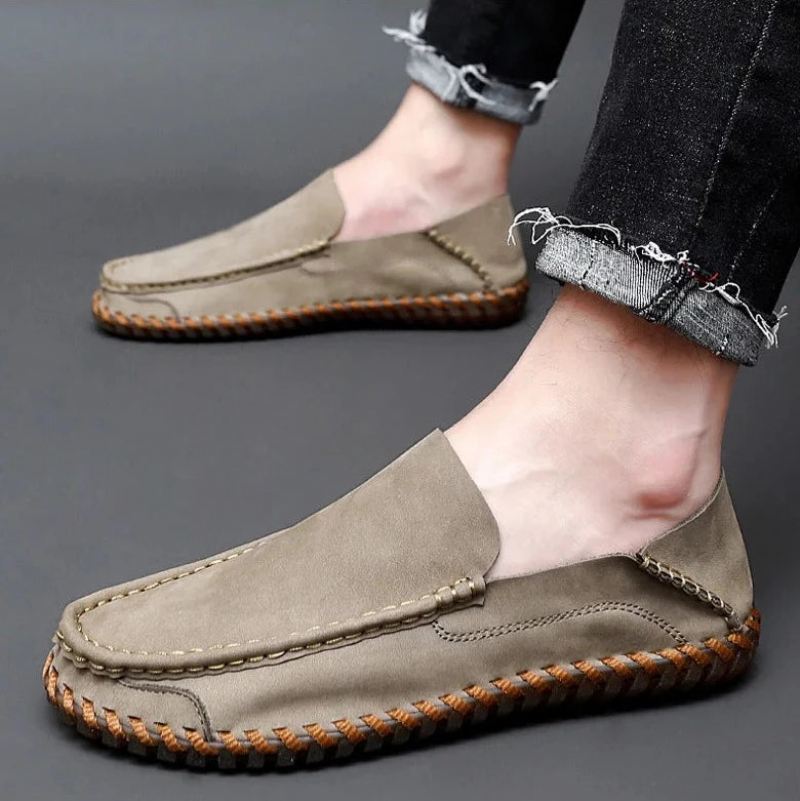 Sommer Menn Casual Slip On Leather Sko Myke Komfort Sko Loafers Herre - Khaki