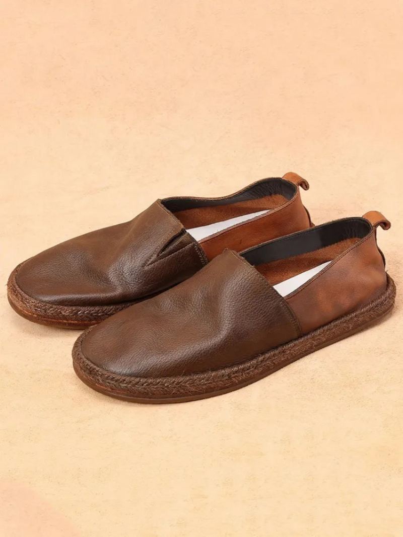 Sommer Pustende Loafers I Ekte Skinn Menn Slip-on Daily Casual Flat Shoes Mann Vintage - Kaffe